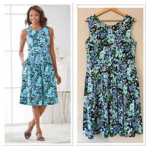 Chadwicks Womens Floral Pleated Fit & Flare Pocket Dress 16 Blue Green Summer
